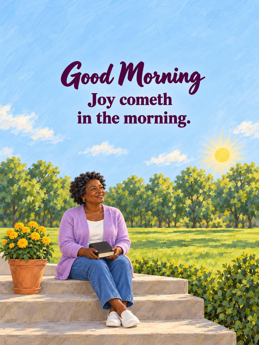 Good Morning greeting image: Black woman on her porch steps with a closed plain Bible in the morning sun. It says “Good Morning” and “Joy cometh in the morning.”
