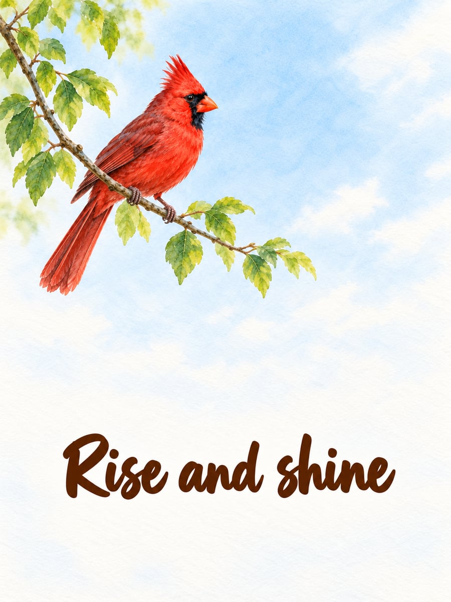 Good Morning greeting image: male northern cardinal perched on a leafy branch. It says “Rise and shine”
