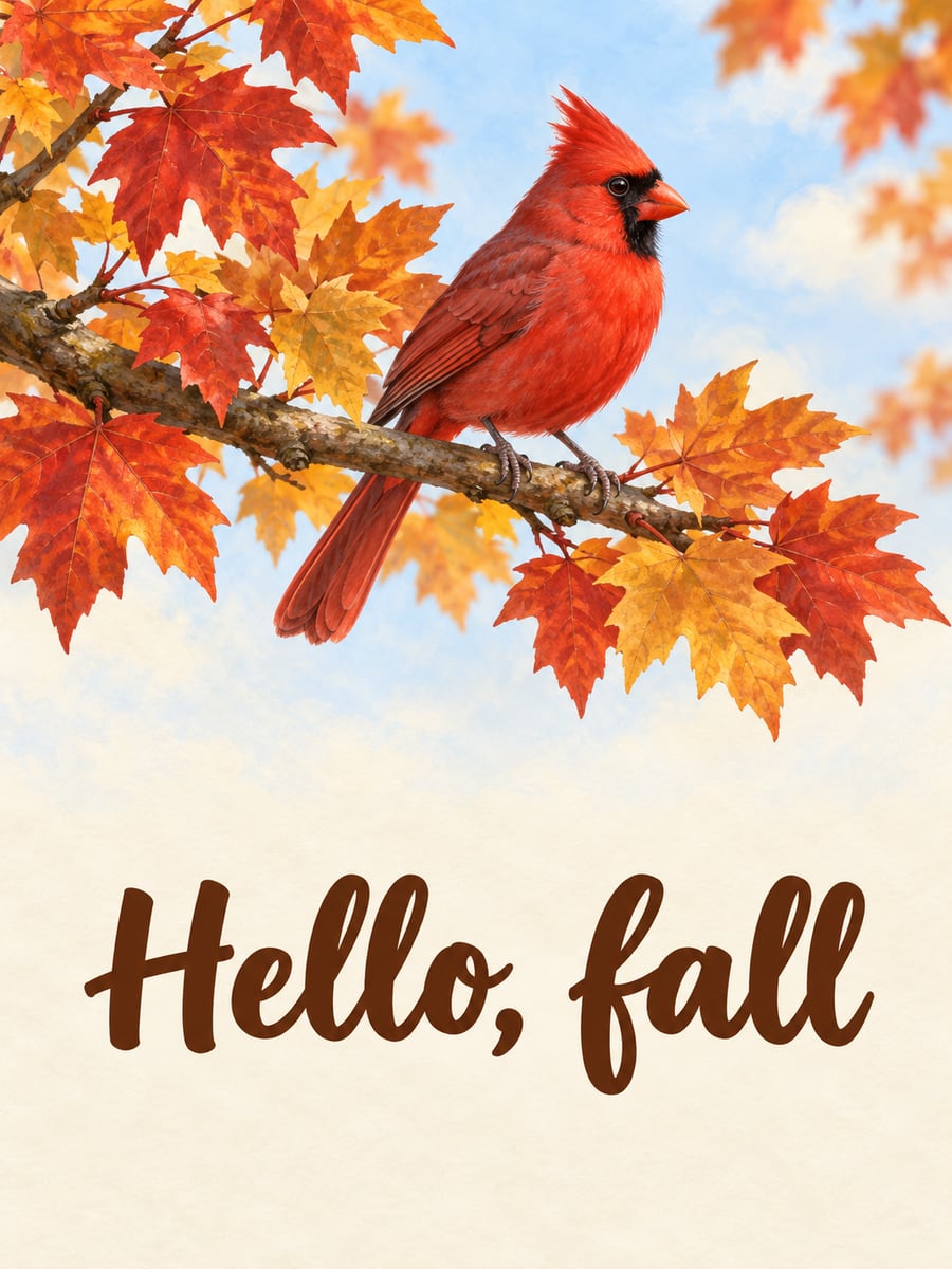Good Morning greeting image: male northern cardinal on a leafy maple branch in fall colors. It says “Hello, fall”