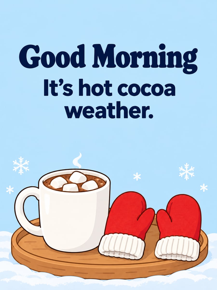 Good Morning greeting image: cartoon mug of hot cocoa with marshmallows and a pair of red knit mittens. It says “Good Morning” and “It’s hot cocoa weather.”