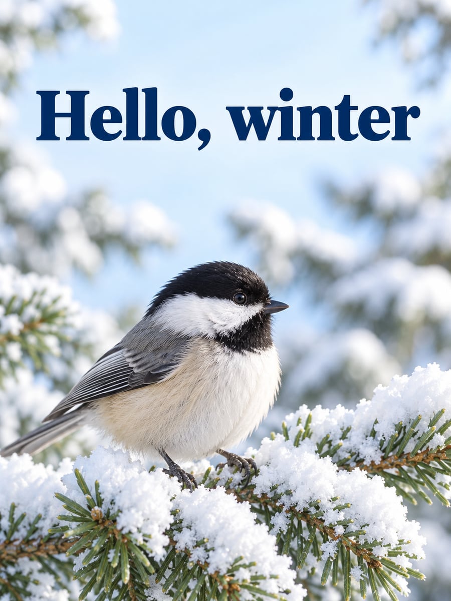 Good Morning greeting image: black-capped chickadee on a snowy evergreen branch. It says “Hello, winter”