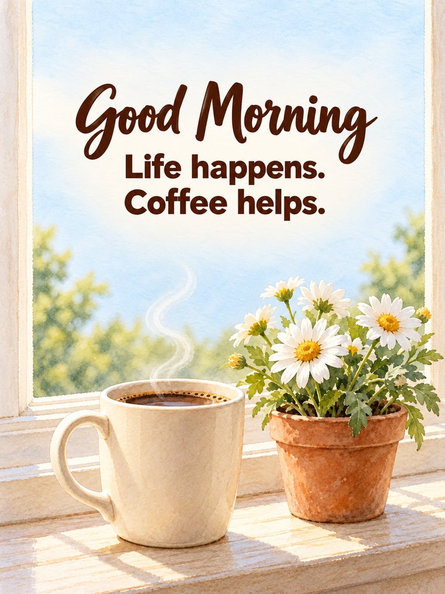 Good Morning greeting image: plain cream mug of coffee and a small pot of white daisies on a windowsill. It says “Good Morning” and “Life happens. Coffee helps.”