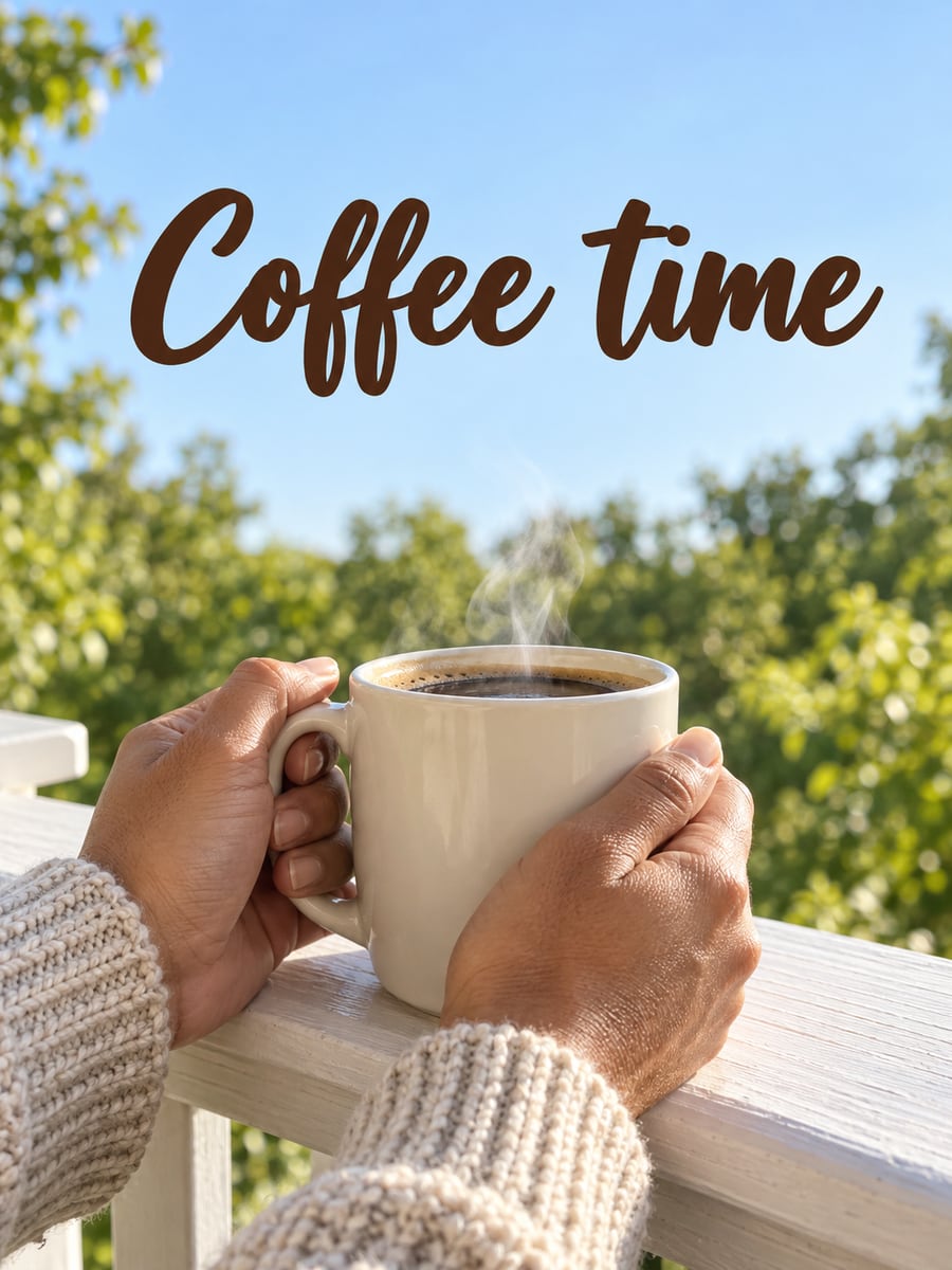 Good Morning greeting image: two adult hands cradling a plain cream mug of hot coffee on a porch rail. It says “Coffee time”