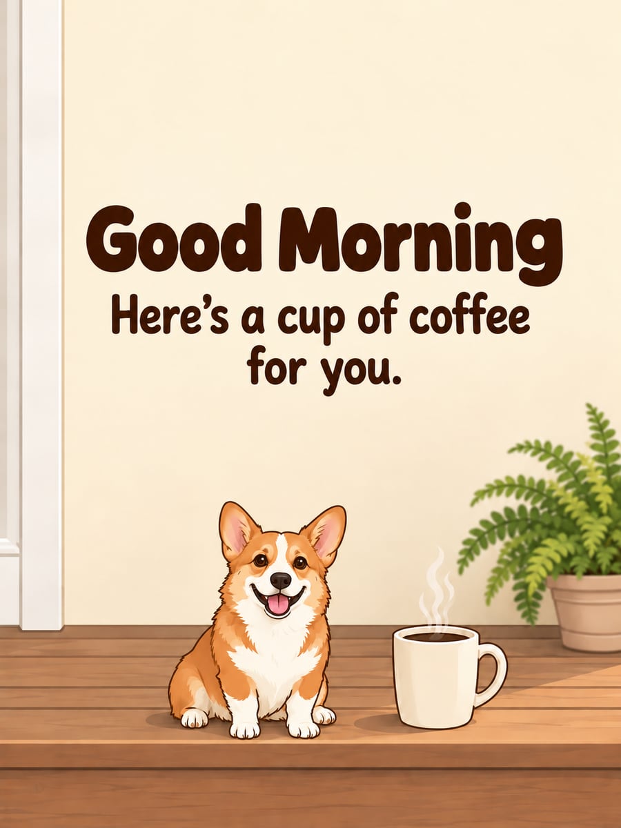 Good Morning greeting image: corgi sitting on a porch step next to a mug of coffee. It says “Good Morning” and “Here’s a cup of coffee for you.”
