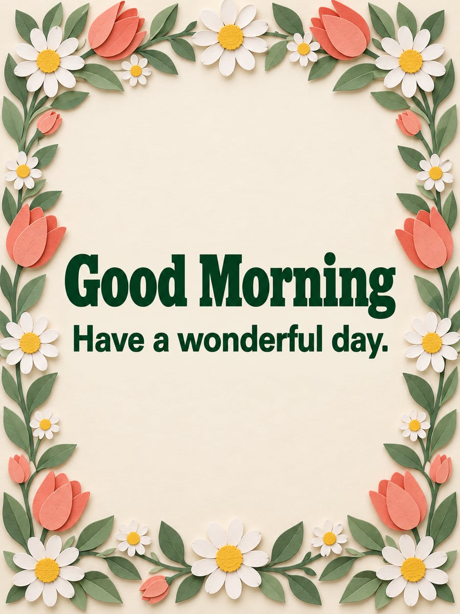 Good Morning greeting image: paper-cut frame of daisies, tulips and leaves. It says “Good Morning” and “Have a wonderful day.”