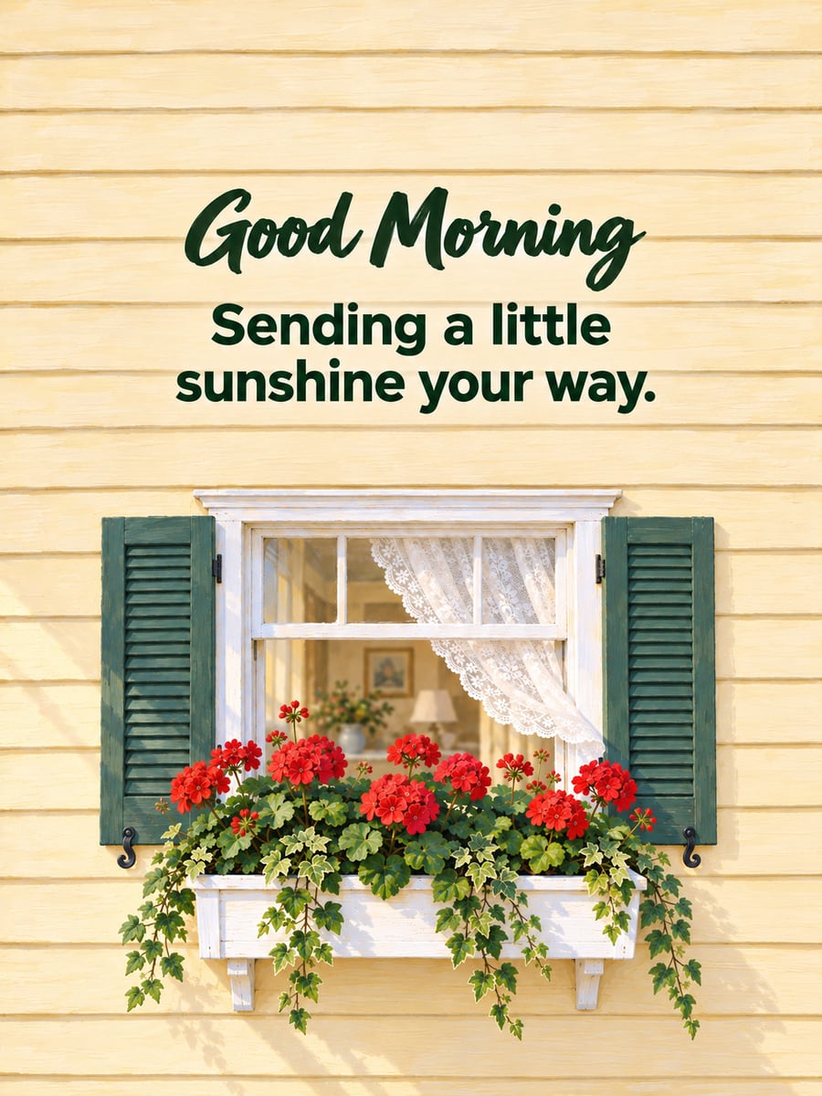 Good Morning greeting image: window box of red geraniums under an open window with a lace curtain. It says “Good Morning” and “Sending a little sunshine your way.”