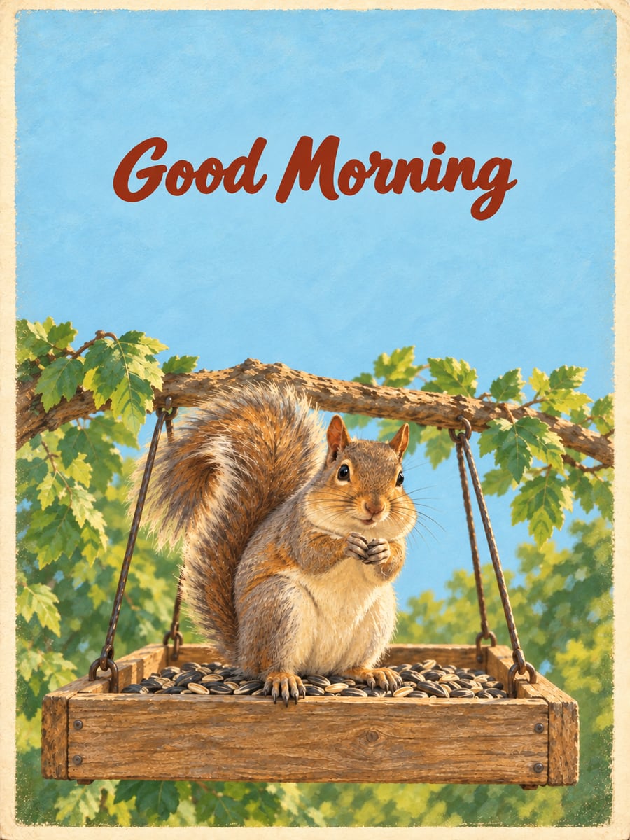 Good Morning greeting image: gray squirrel on a wooden platform feeder. It says “Good Morning”
