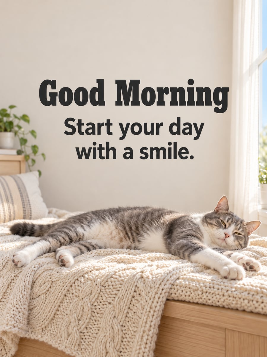 Good Morning greeting image: gray-and-white cat stretching in a patch of sun on a window seat. It says “Good Morning” and “Start your day with a smile.”