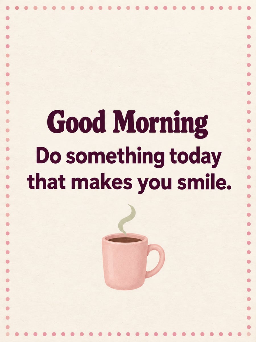 Good Morning greeting image: lettering card with a small mug and a dotted border. It says “Good Morning” and “Do something today that makes you smile.”