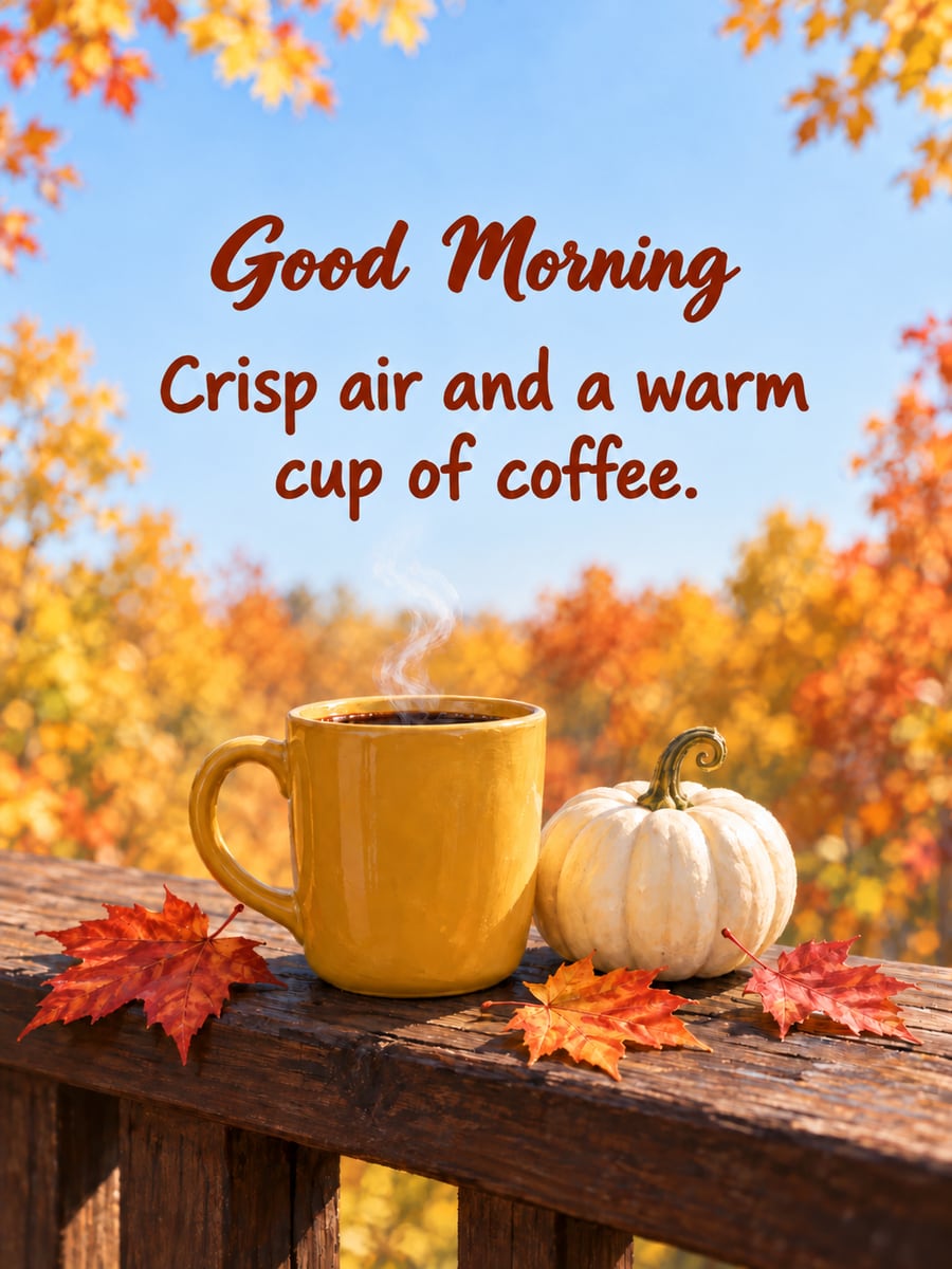 Good Morning greeting image: mustard mug of coffee on a porch railing with maple leaves and a small white pumpkin. It says “Good Morning” and “Crisp air and a warm cup of coffee.”