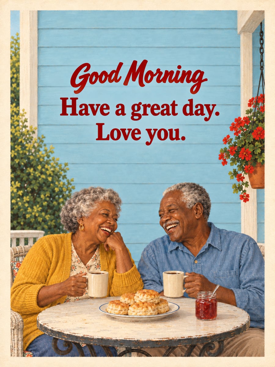 Good Morning greeting image: older Black couple laughing at breakfast on their front porch. It says “Good Morning” and “Have a great day. Love you.”