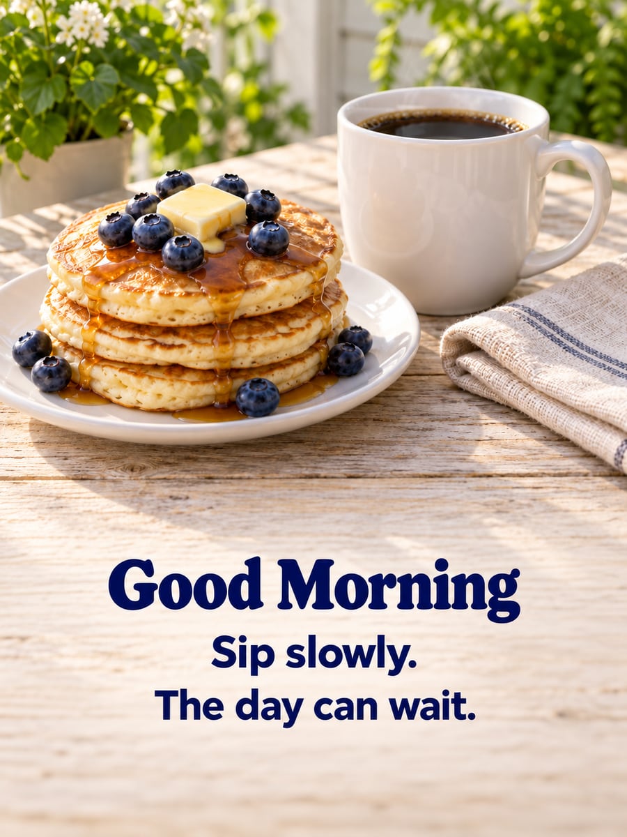 Good Morning greeting image: mug of coffee and a short stack of blueberry pancakes on a porch table. It says “Good Morning” and “Sip slowly. The day can wait.”