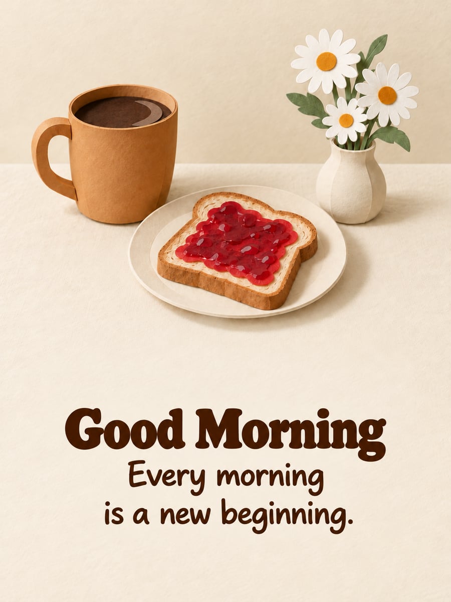 Good Morning greeting image: paper-cut breakfast of coffee, toast with jam and daisies. It says “Good Morning” and “Every morning is a new beginning.”