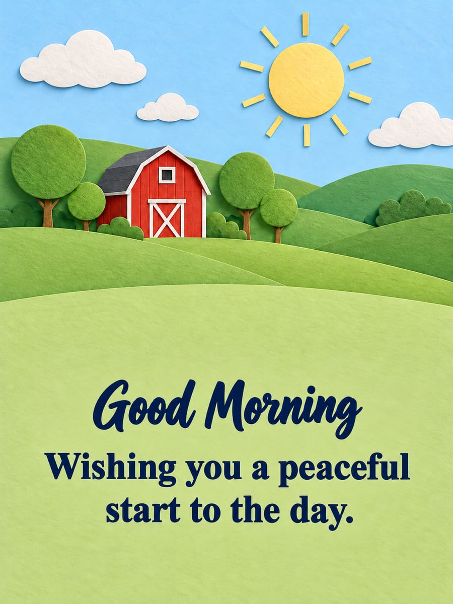 Good Morning greeting image: layered paper hills with a small red barn and a pale-gold sun. It says “Good Morning” and “Wishing you a peaceful start to the day.”
