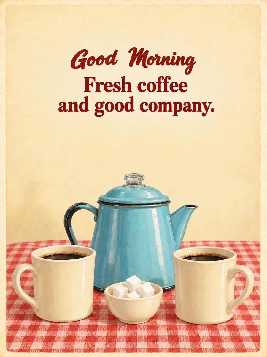 Good Morning greeting image: enamel coffee percolator and two mugs on a gingham tablecloth. It says “Good Morning” and “Fresh coffee and good company.”