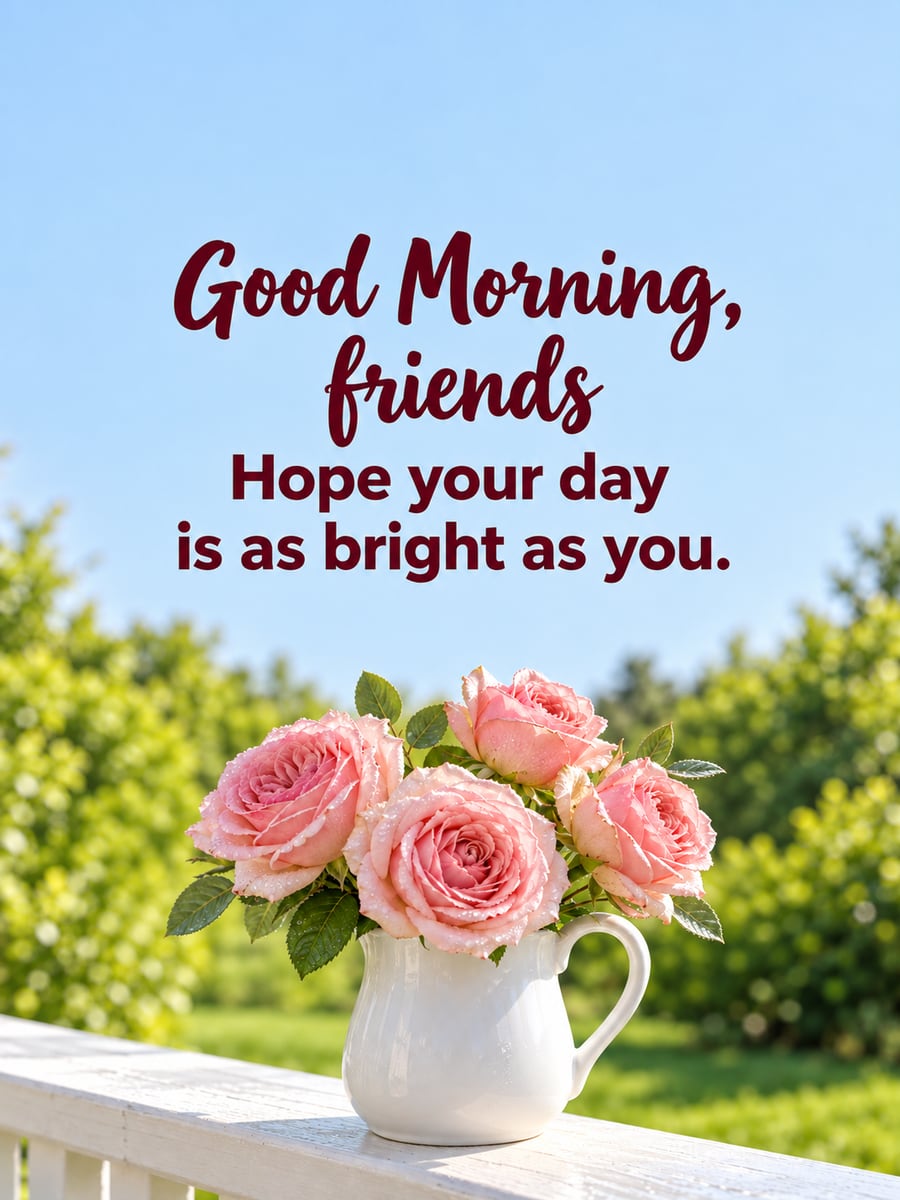 Good Morning greeting image: pink garden roses in a white ceramic milk jug on a porch railing. It says “Good Morning, friends” and “Hope your day is as bright as you.”