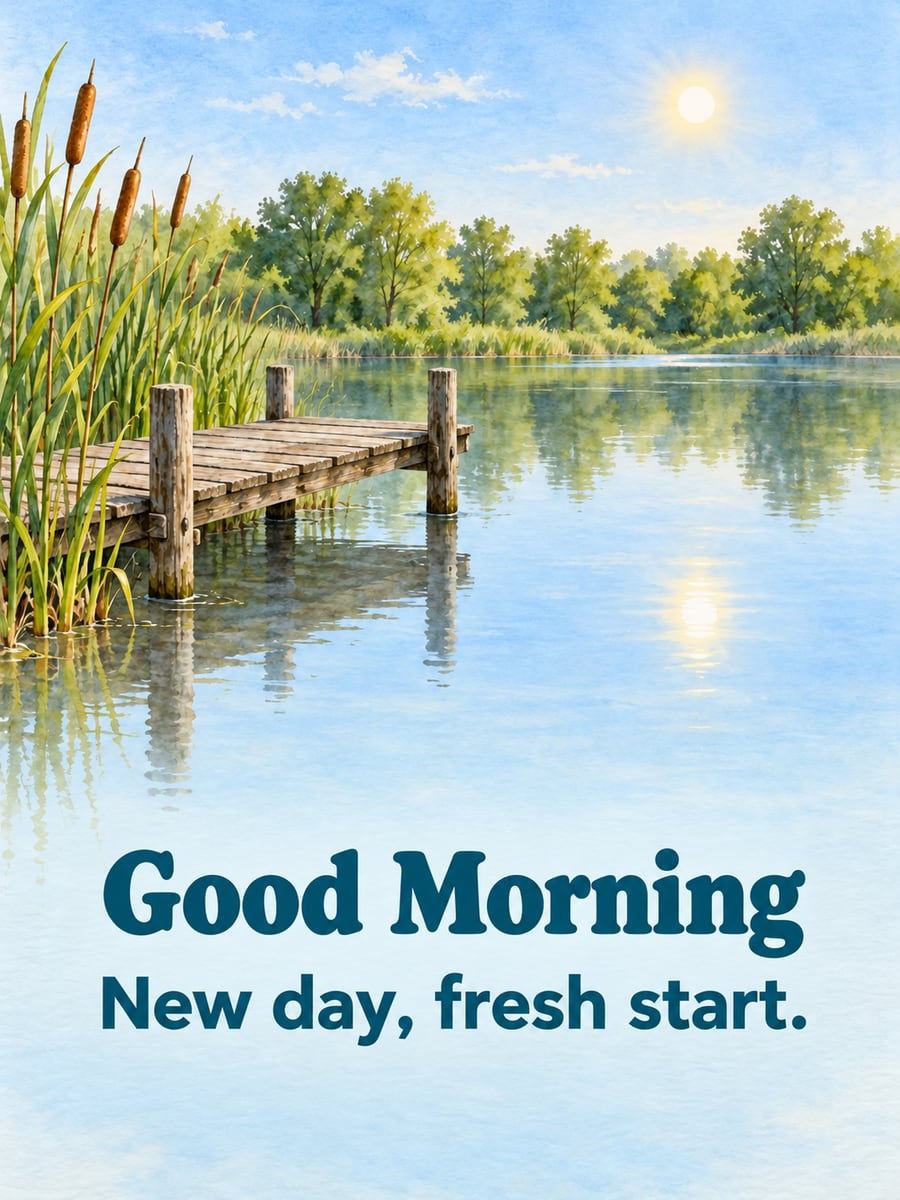 Good Morning greeting image: cattails and a small wooden dock at the edge of a pond. It says “Good Morning” and “New day, fresh start.”