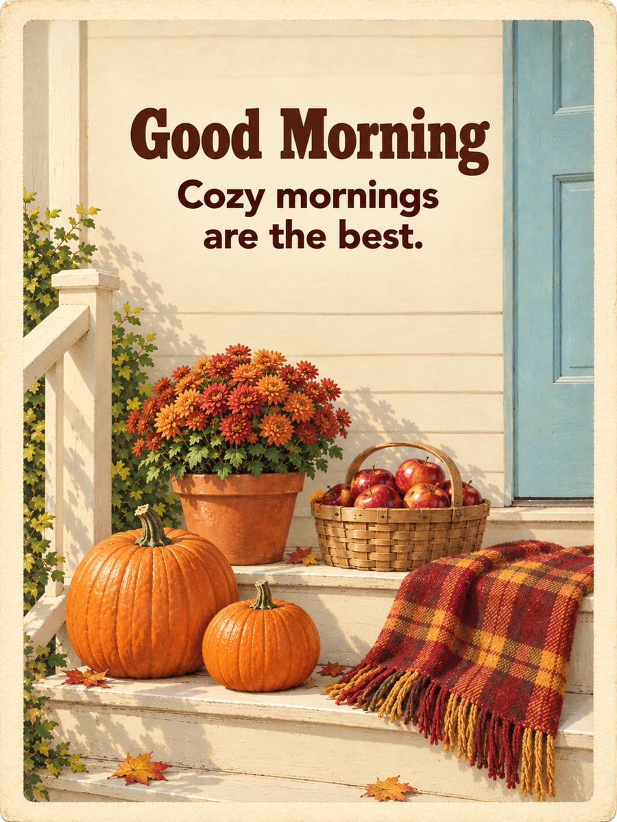 Good Morning greeting image: porch steps with pumpkins, a plaid blanket and a basket of red apples. It says “Good Morning” and “Cozy mornings are the best.”