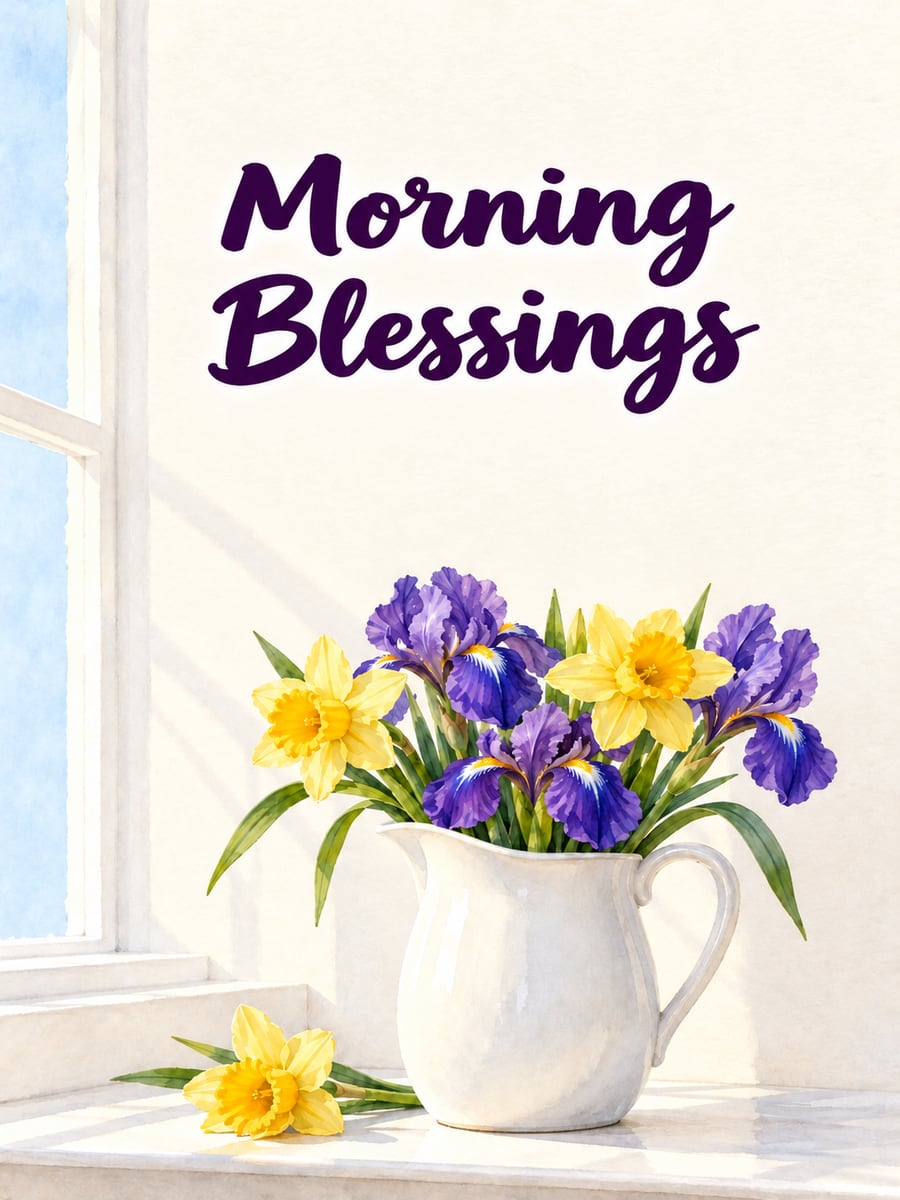 Good Morning greeting image: white pitcher of purple irises and yellow daffodils on a sunny windowsill. It says “Morning Blessings”