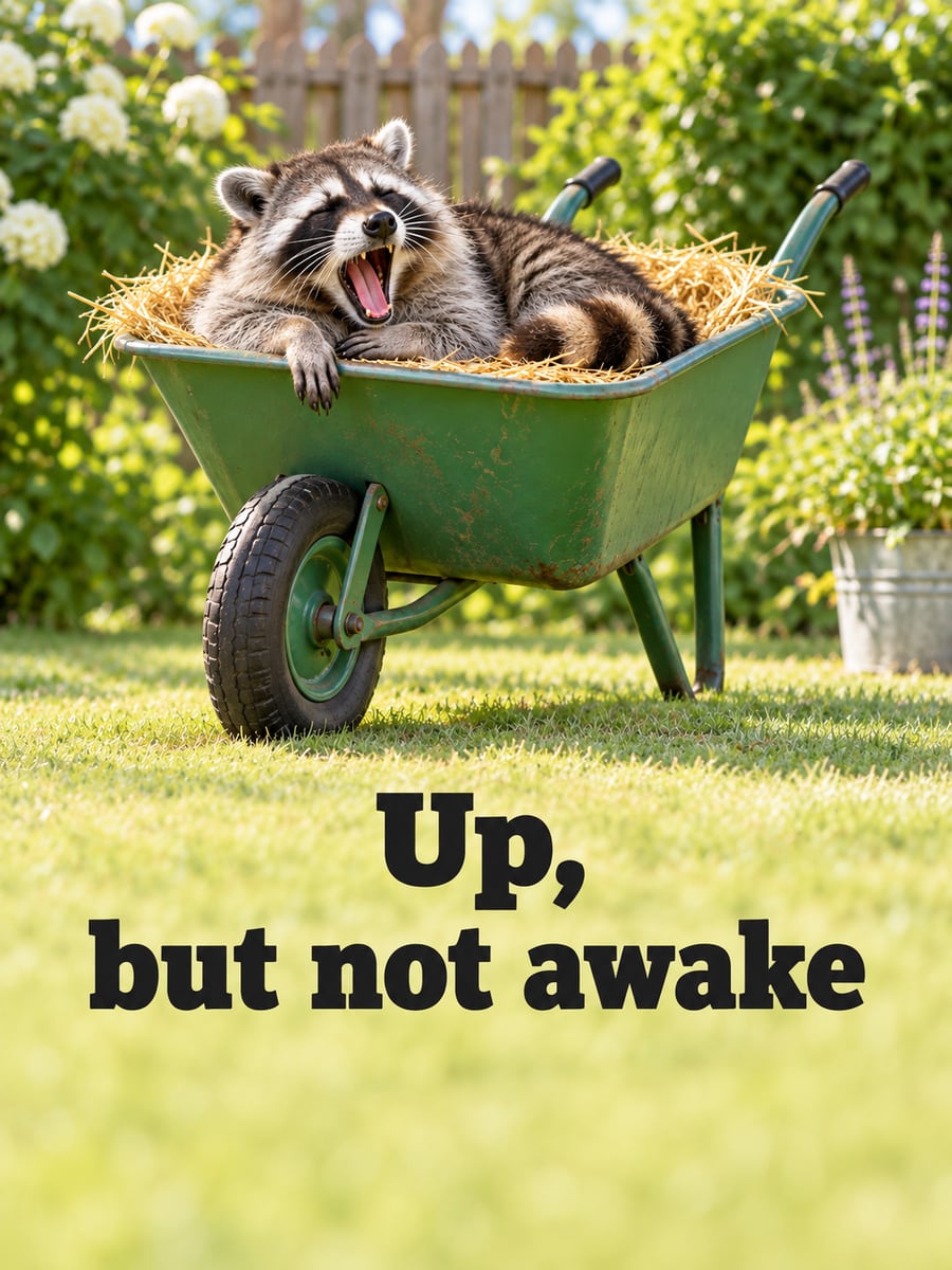 Good Morning greeting image: yawning raccoon curled up in a garden wheelbarrow. It says “Up, but not awake”