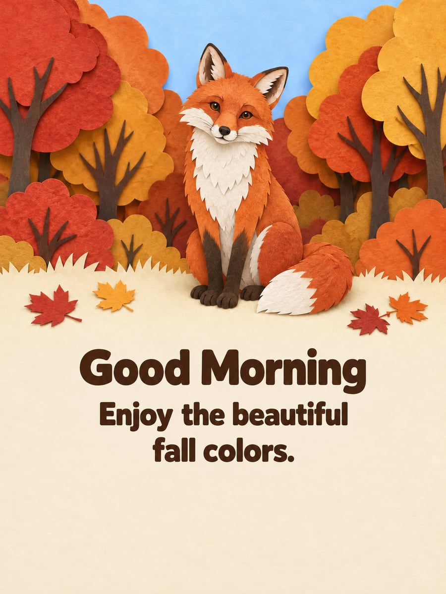 Good Morning greeting image: red fox sitting at the edge of a paper-cut grove in fall colors. It says “Good Morning” and “Enjoy the beautiful fall colors.”