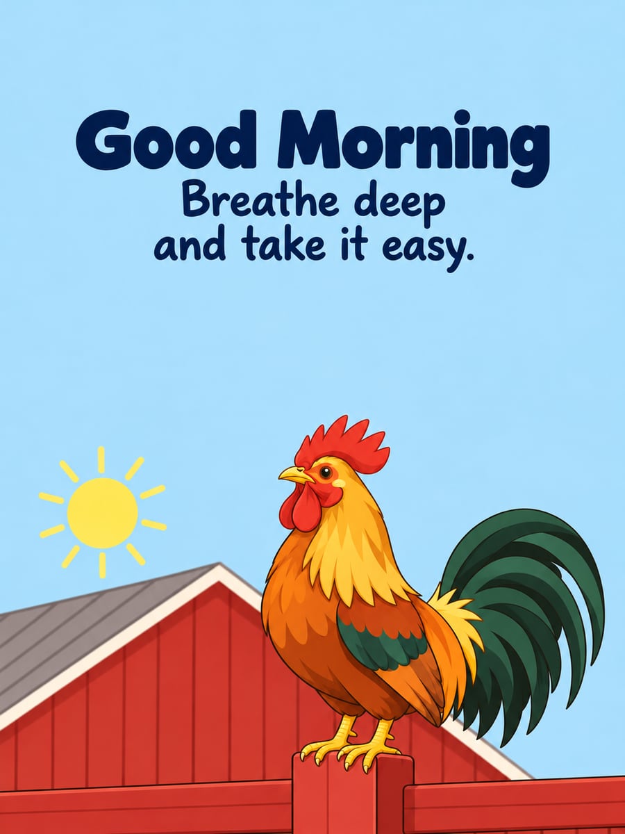 Good Morning greeting image: rooster on a red barnyard fence post in front of a red barn. It says “Good Morning” and “Breathe deep and take it easy.”