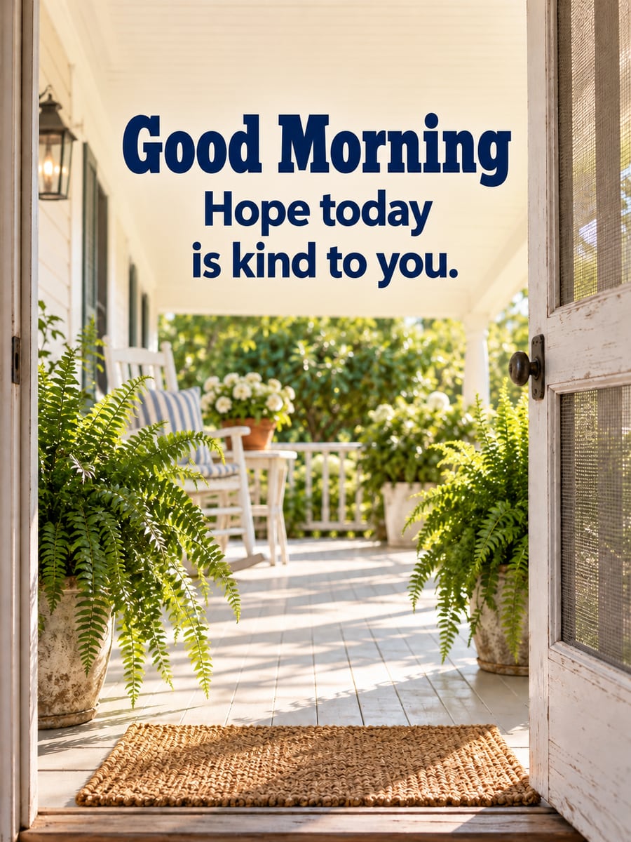 Good Morning greeting image: half-open white screen door onto a sunny porch with potted ferns. It says “Good Morning” and “Hope today is kind to you.”