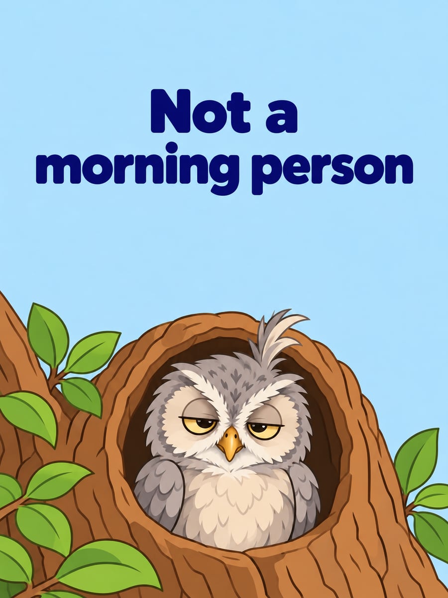 Good Morning greeting image: sleepy cartoon owl with ruffled feathers in a leafy tree hollow. It says “Not a morning person”