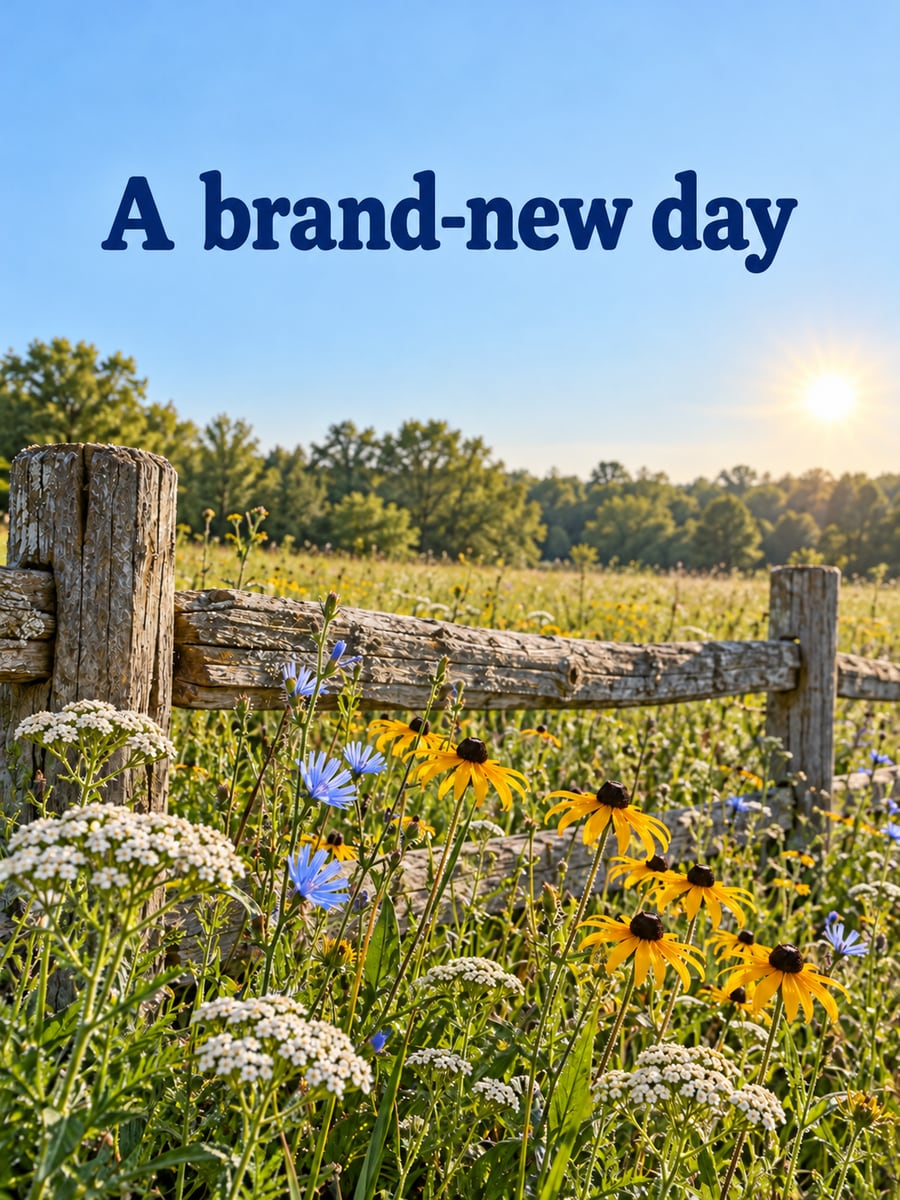 Good Morning greeting image: split-rail fence and dewy wildflowers at the edge of a meadow. It says “A brand-new day”