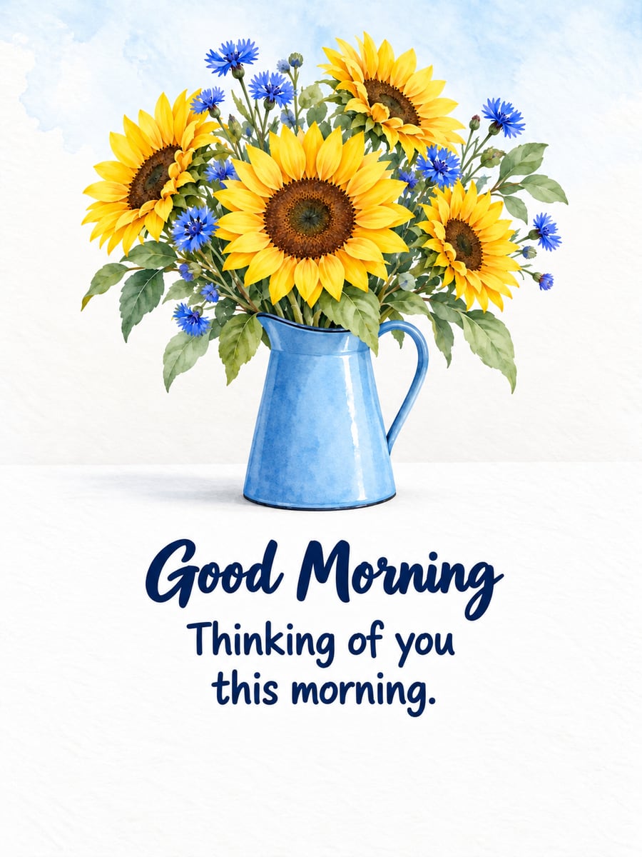 Good Morning greeting image: big bunch of sunflowers in a blue enamel pitcher. It says “Good Morning” and “Thinking of you this morning.”