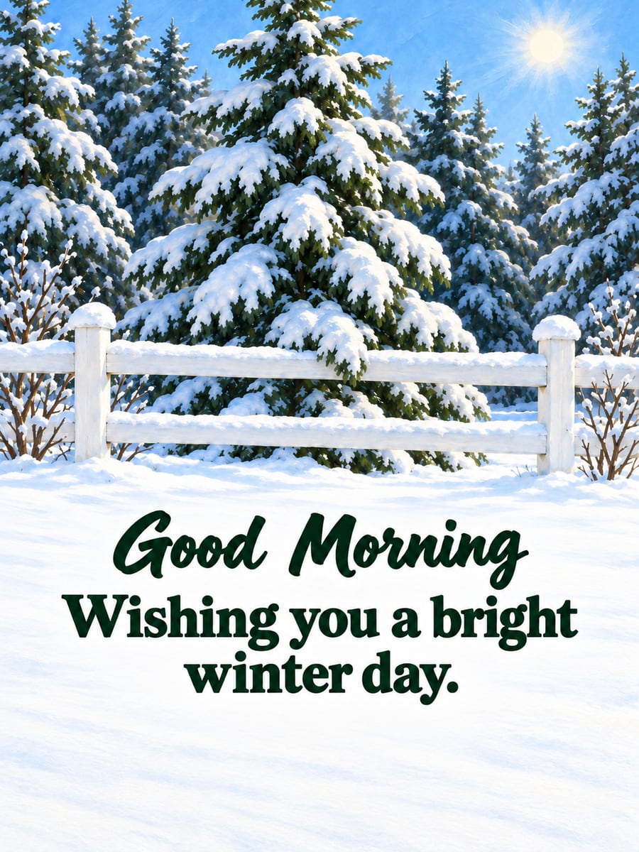 Good Morning greeting image: snowy split-rail fence and a snowy evergreen in a sunny backyard. It says “Good Morning” and “Wishing you a bright winter day.”