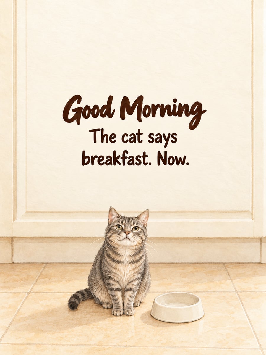 Good Morning greeting image: gray tabby cat beside its empty food bowl, staring up for breakfast. It says “Good Morning” and “The cat says breakfast. Now.”