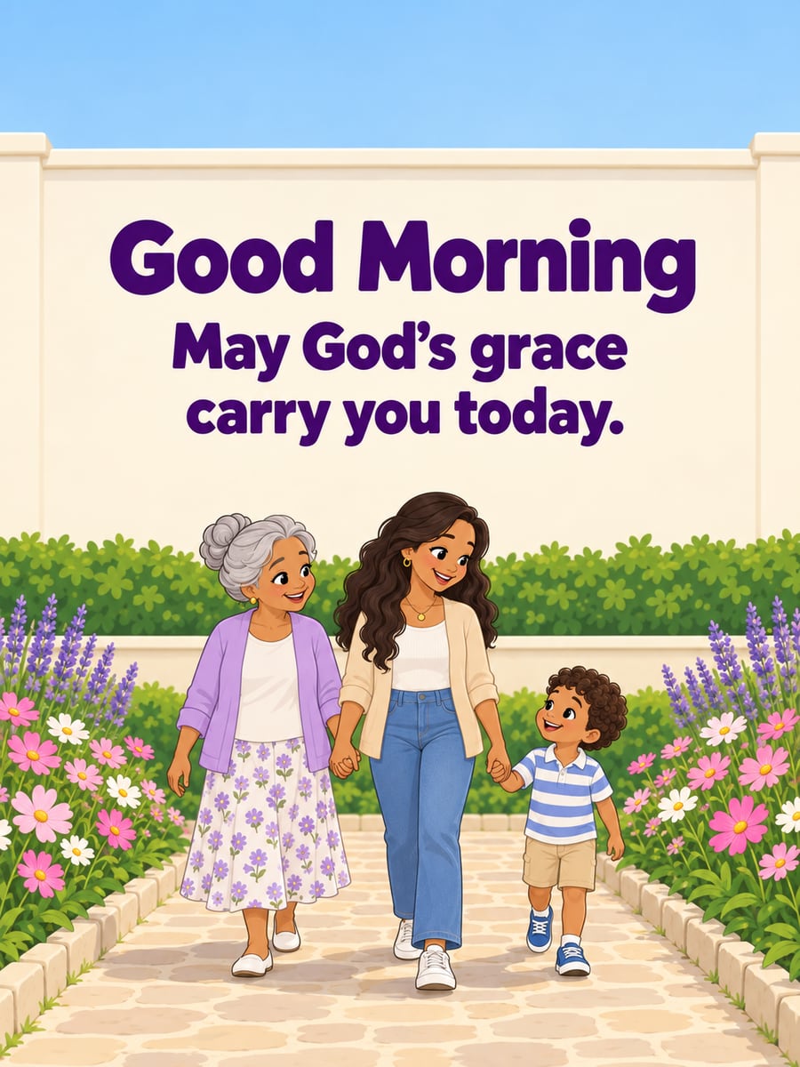 Good Morning greeting image: grandmother, her daughter and her small grandson walking hand in hand on a garden path. It says “Good Morning” and “May God’s grace carry you today.”