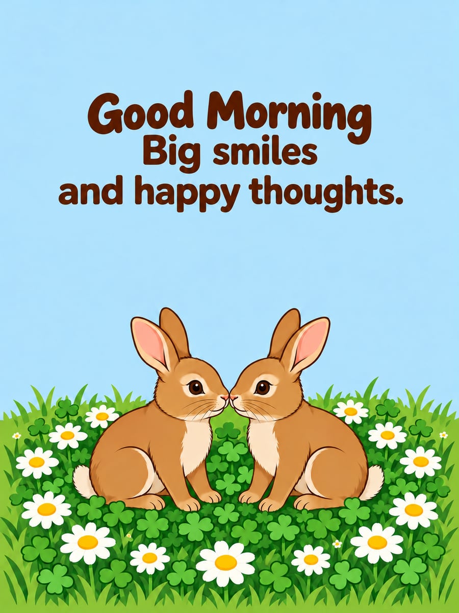 Good Morning greeting image: two cottontail bunnies in clover inside a ring of daisies. It says “Good Morning” and “Big smiles and happy thoughts.”