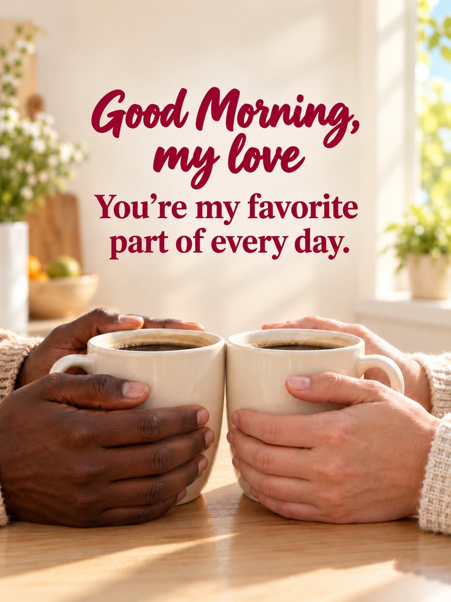 Good Morning greeting image: two pairs of adult hands, deep brown and light, around two mugs on a breakfast table. It says “Good Morning, my love” and “You’re my favorite part of every day.”