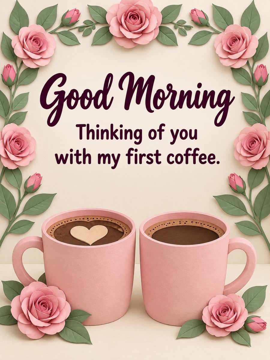 Good Morning greeting image: two blush-pink mugs with a foam heart and a frame of paper roses. It says “Good Morning” and “Thinking of you with my first coffee.”