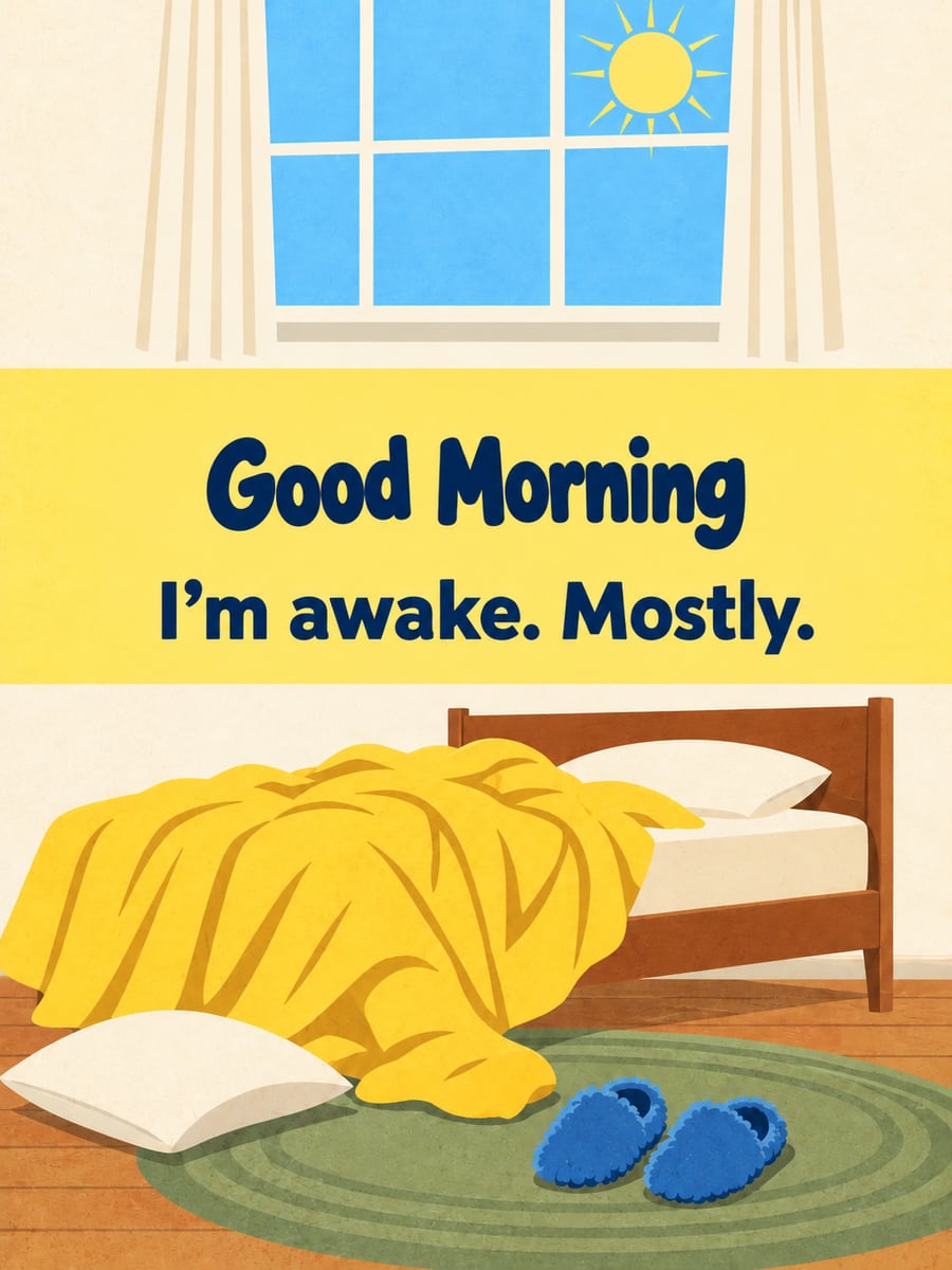Good Morning greeting image: unmade bed with a rumpled quilt and fuzzy slippers. It says “Good Morning” and “I’m awake. Mostly.”