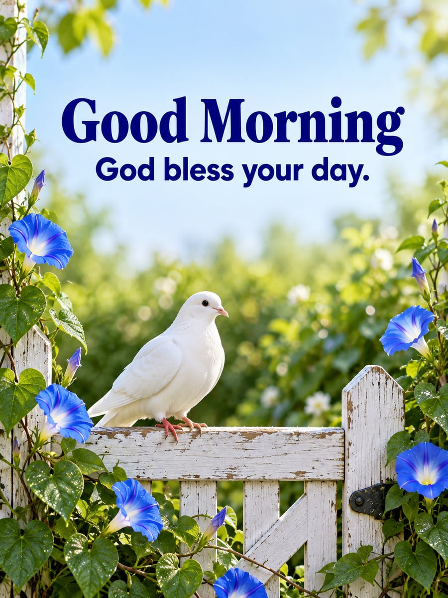 Good Morning greeting image: white dove resting on a garden gate wrapped in blue morning glories. It says “Good Morning” and “God bless your day.”