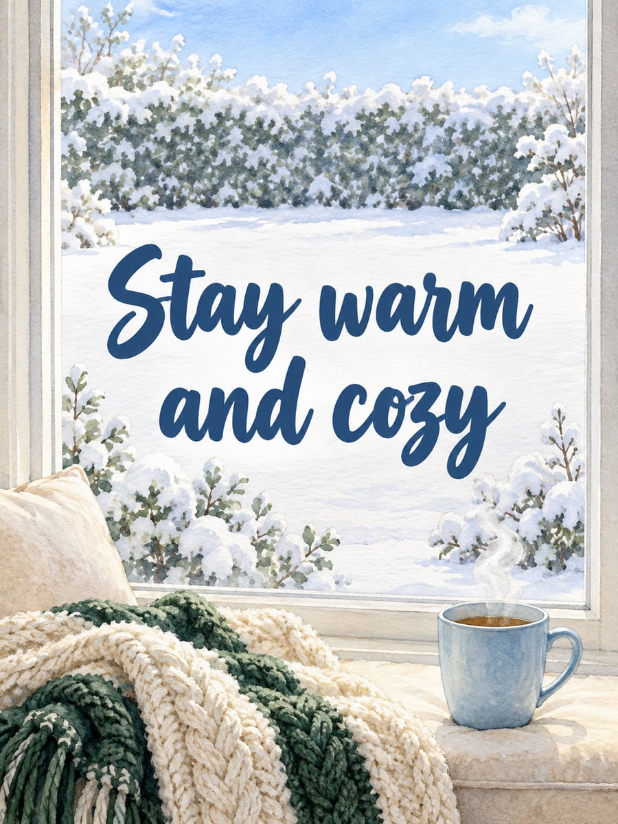 Good Morning greeting image: mug and a folded knit blanket on a window seat with fresh snow outside. It says “Stay warm and cozy”