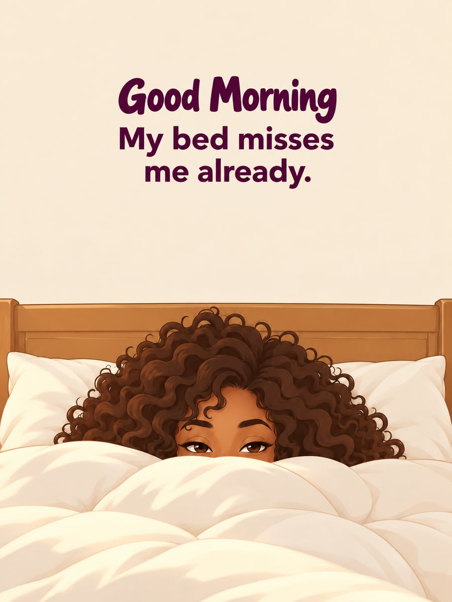 Good Morning greeting image: cartoon woman with medium brown skin peeking out from under a fluffy comforter. It says “Good Morning” and “My bed misses me already.”