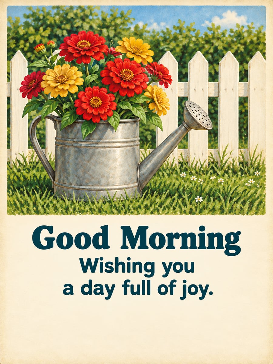 Good Morning greeting image: zinnias in a galvanized watering can by a white picket fence. It says “Good Morning” and “Wishing you a day full of joy.”