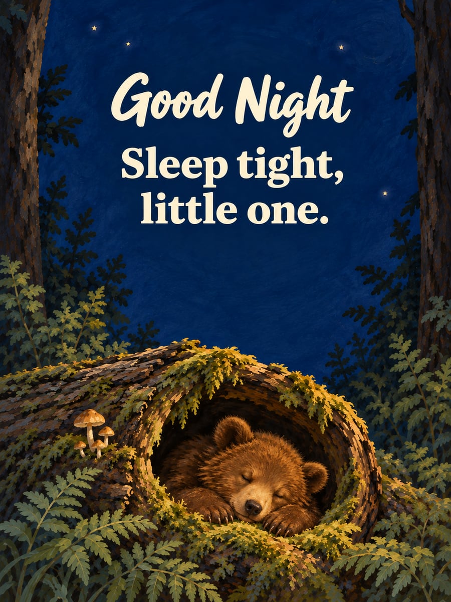 Good Night greeting image: brown bear cub asleep in a moss-lined hollow log. It says “Good Night” and “Sleep tight, little one.”