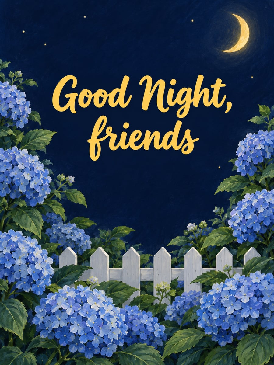 Good Night greeting image: blue hydrangeas framing a quiet moonlit garden. It says “Good Night, friends”