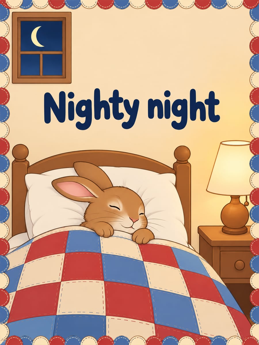 Good Night greeting image: brown cottontail bunny asleep under a patchwork quilt beside a glowing bedside lamp. It says “Nighty night”