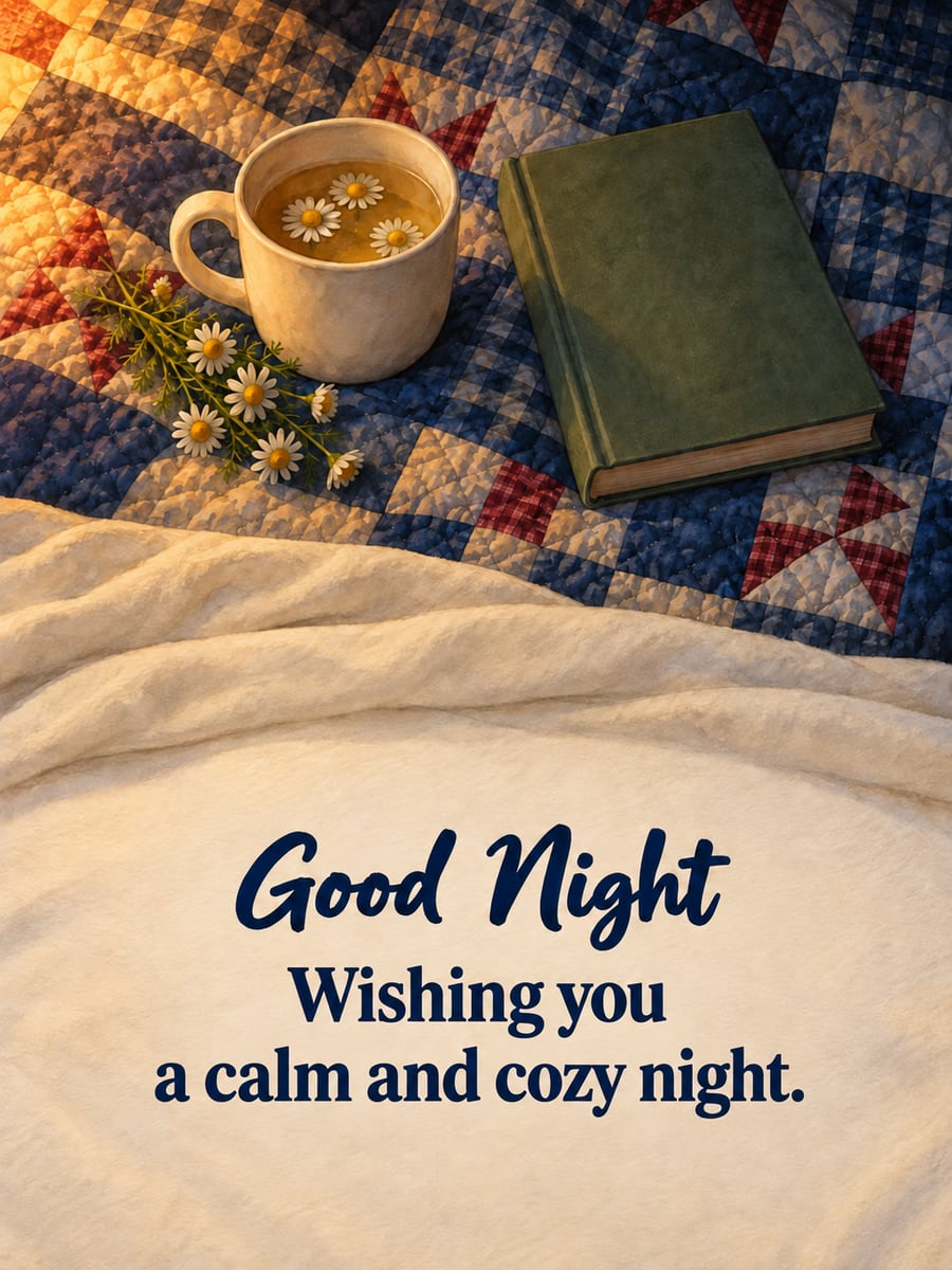 Good Night greeting image: plain mug of chamomile tea and a closed book on a gingham quilt, seen from above. It says “Good Night” and “Wishing you a calm and cozy night.”