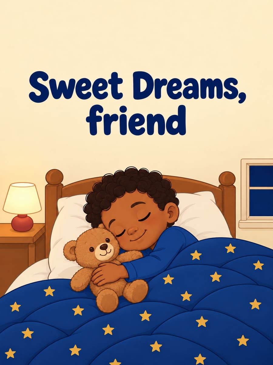 Good Night greeting image: sleeping child with medium brown skin and a teddy bear under a deep blue quilt with amber stars. It says “Sweet Dreams, friend”