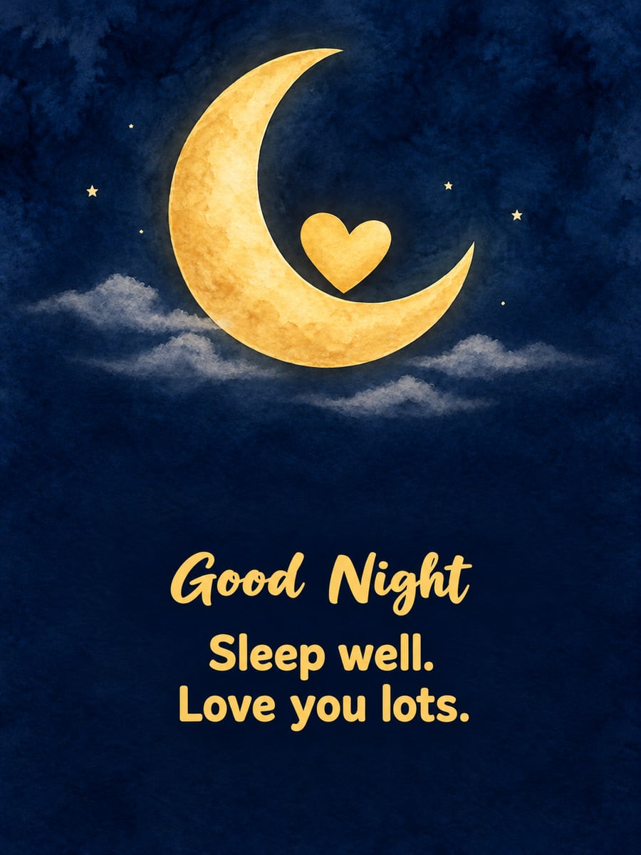 Good Night greeting image: gold crescent moon with a small gold heart nestled in its curve. It says “Good Night” and “Sleep well. Love you lots.”