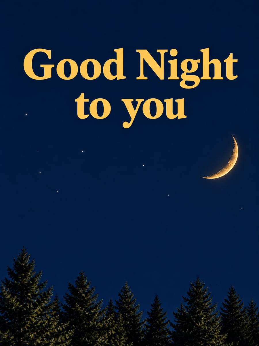Good Night greeting image: slender gold crescent moon above the dark tops of tall pine trees. It says “Good Night to you”