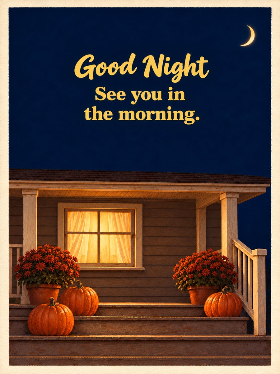 Good Night greeting image: uncarved orange pumpkins and rust mums on porch steps in front of a warmly lit window. It says “Good Night” and “See you in the morning.”