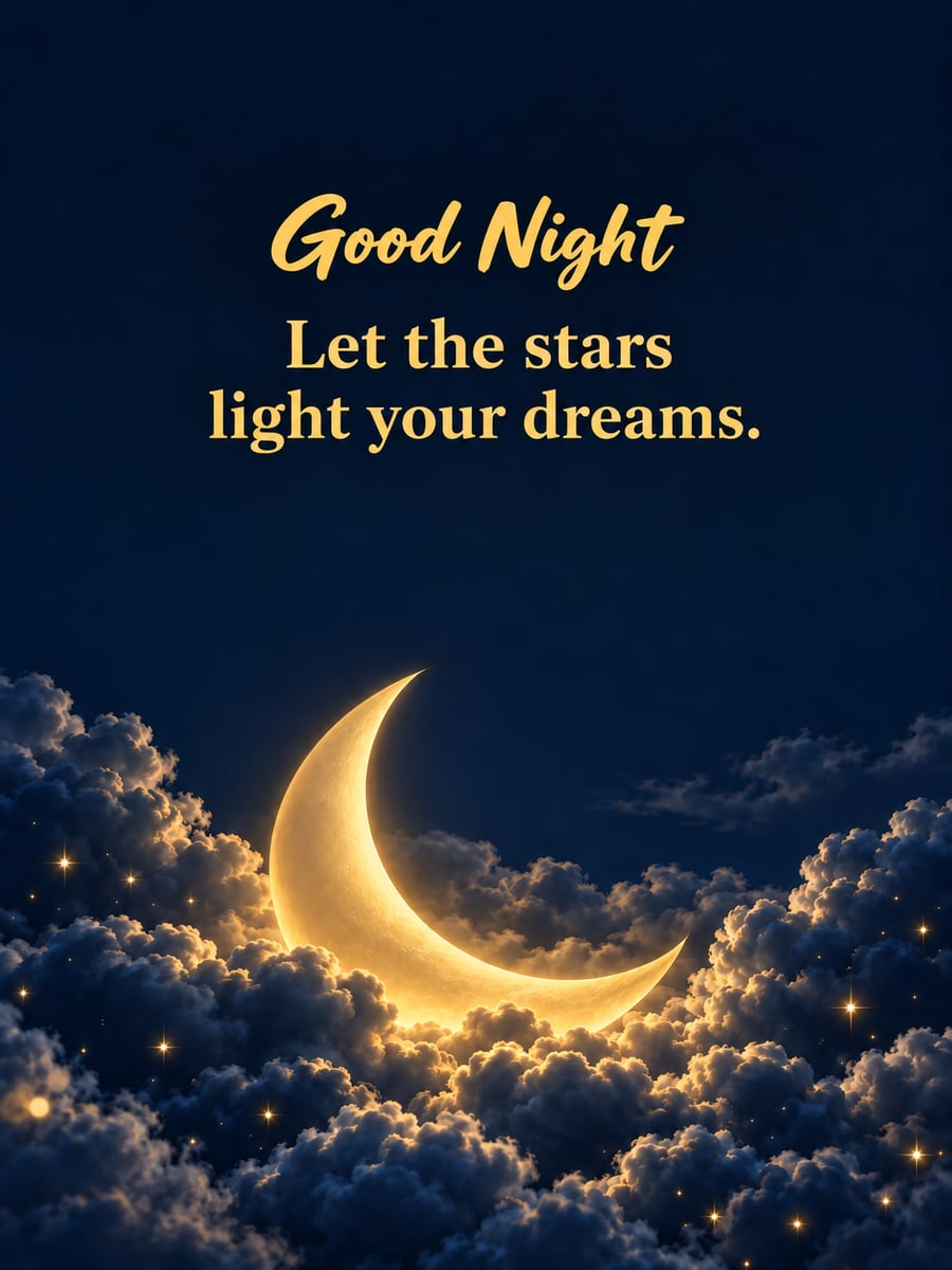 Good Night greeting image: polished gold crescent moon resting on billowy navy clouds. It says “Good Night” and “Let the stars light your dreams.”